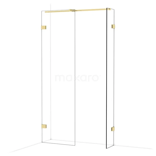 Glazen douchewand met goudkleurige scharnieren, modern design en hoekopstelling, ideaal voor een stijlvolle badkamer.