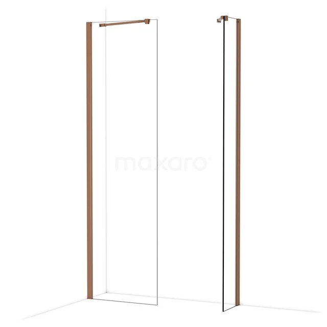 Douchewand met koperkleurige profielen, glas en moderne designlook. Perfect als stijlvolle scheidingswand in de badkamer.