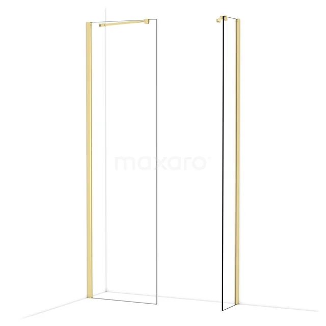 Goudkleurige glazen douchewand met strakke lijnen, ideaal voor een moderne badkamerinrichting.
