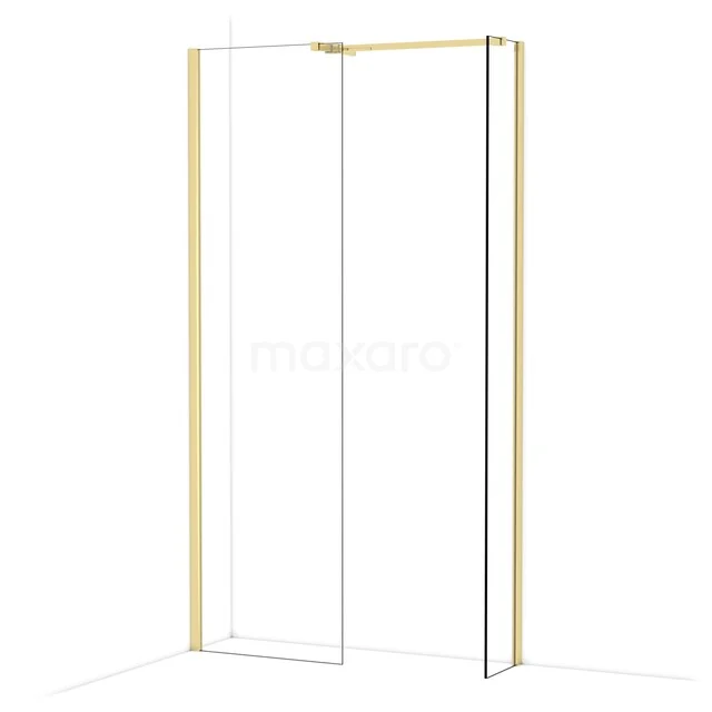 Golden corner shower wall with transparent glass, sleek design and minimalist frame for a modern bathroom setting.