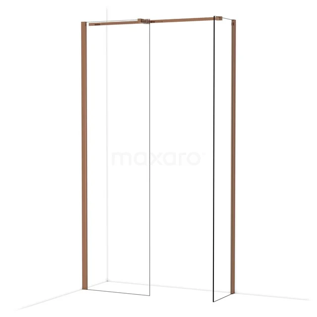 Douchewand met koperkleurige accenten, helder glas en strak design, ideaal voor een moderne badkamer.