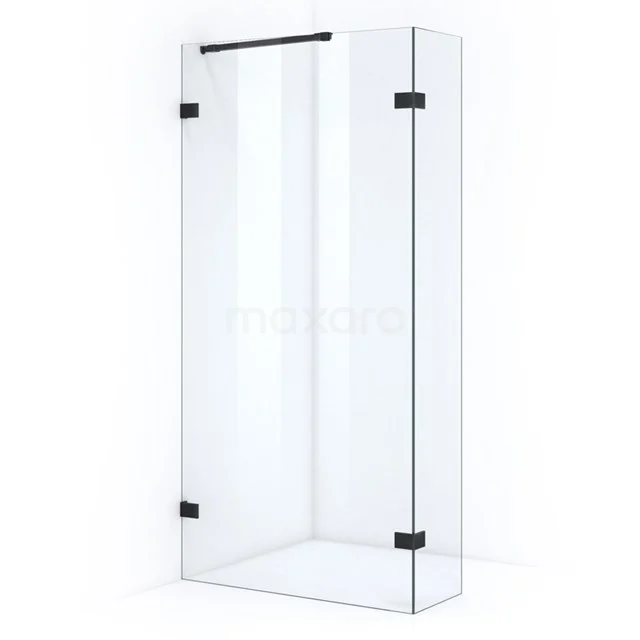 Glass shower screen with black hinges, sleek design, ideal for a modern bathroom.