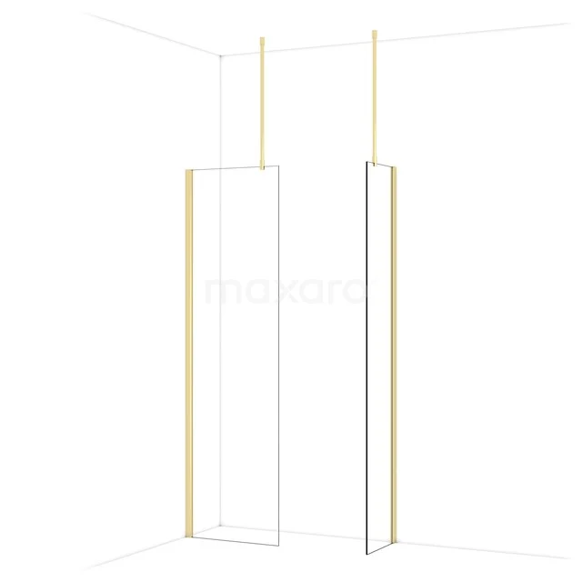 Diamond Walk-in shower | 60x40 cm Glossy light gold Clear glass 2 fixed walls IDB0604910GLG Douchewand met goudkleurige accenten, slank aluminium frame en helder glas, ideaal voor een luxe badkamerstijl.