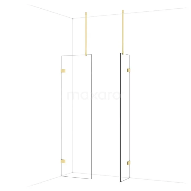 Diamond Walk-in shower | 60x40 cm Glossy light gold Clear glass 2 fixed walls IDB0604920GLG Glazen douchewand met goudkleurige accenten, strak design en montagesysteem, perfect voor een moderne badkamer.