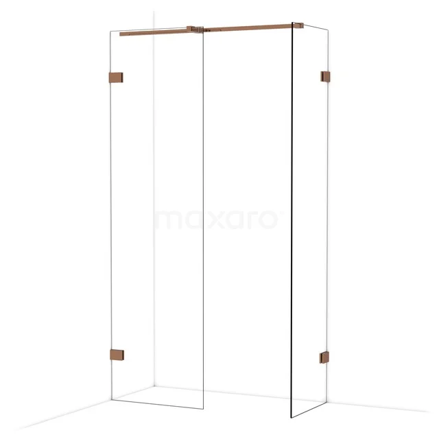 Douchewand met koperkleurige details, glazen design, ideaal voor een moderne badkamer.