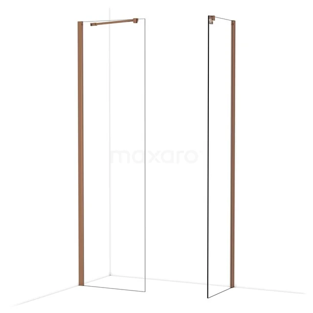 Glazen Douchewand met koperkleurige profielen, modern design en luxe afwerking, perfect voor stijlvolle badkamers.