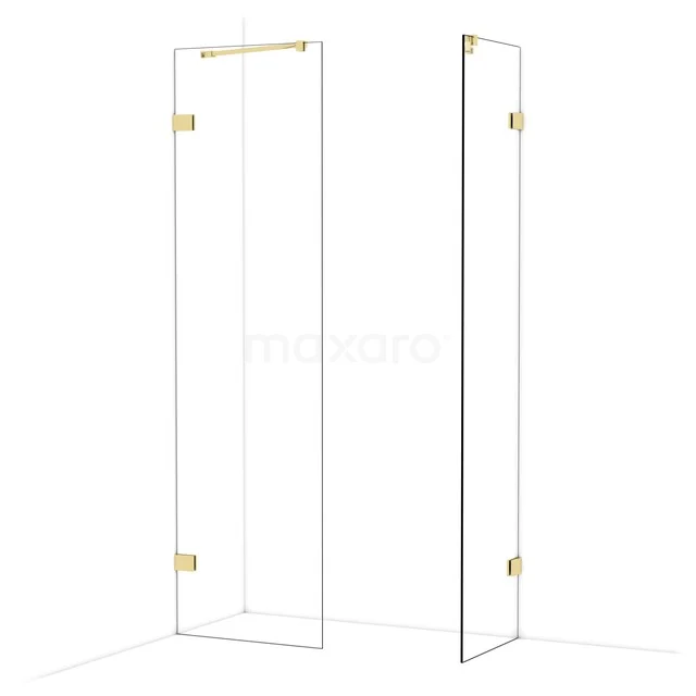 Glas Duschwand mit Gold Scharnieren, minimalistisches Design, perfekt für eine stilvolle Badezimmergestaltung.