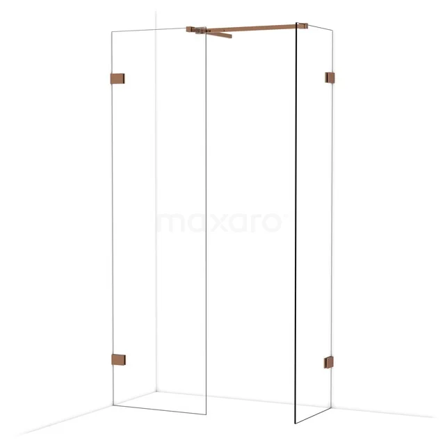 Glazen douchewand met koperkleurige scharnieren, heldere panelen en een minimalistisch design voor een moderne badkamer look.