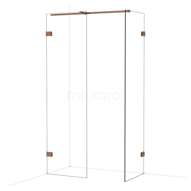 Glazen douchewand met hoekopstelling, strak design, bronskleurige details, ideaal voor een moderne badkamer.