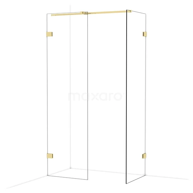 Glass shower cabin with gold-coloured hinges, angular design, ideal for a modern bathroom.