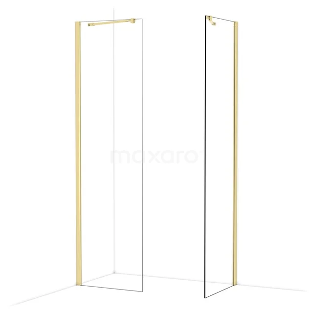 Glas Duschwand mit goldfarbigem Rahmen, schlankes Design und minimalistischem Look; ideal für ein modernes Badezimmer.