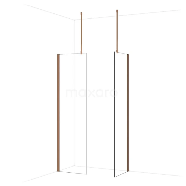 Roomdivider douchewand met koperkleurig frame, moderne glazen afscheiding voor de badkamer, strak design.