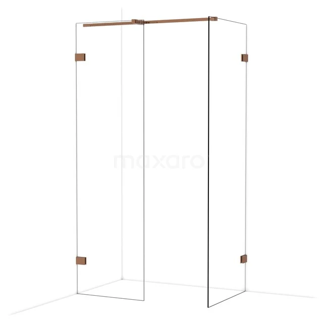 Duschwand mit Eckaufstellung, Klarglas und kupferfarbenen Details, ideal für einen klaren und modernen Badezimmerstil.