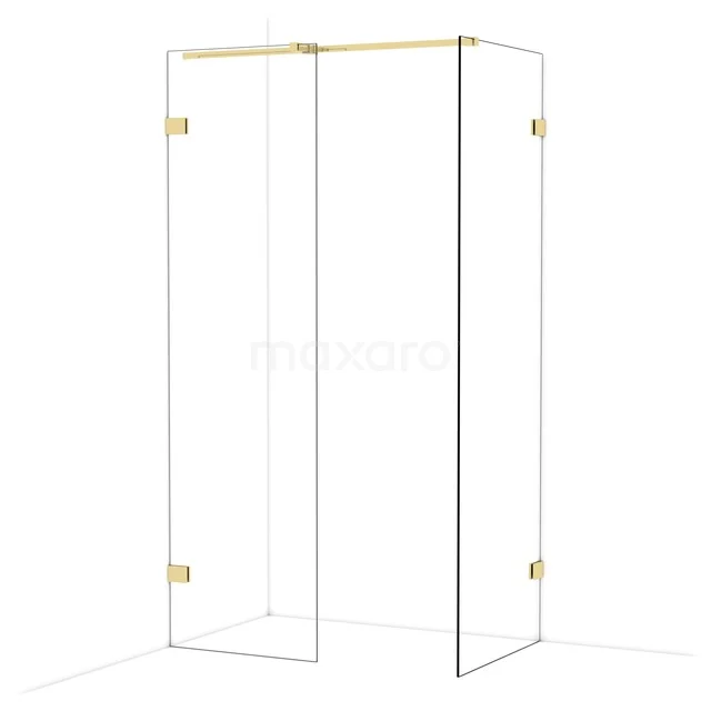 Glazen douchewand met goudkleurige accenten, modern design, perfect voor een stijlvolle badkamer inrichting.
