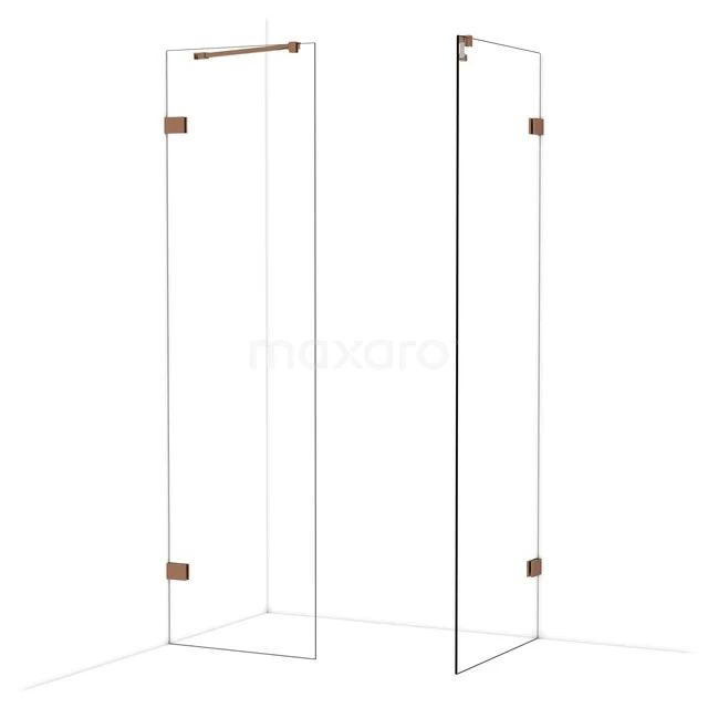 Glazen douchewand met koperkleurige accenten, modern frame en strak design, ideaal voor een stijlvolle badkamer inrichting.