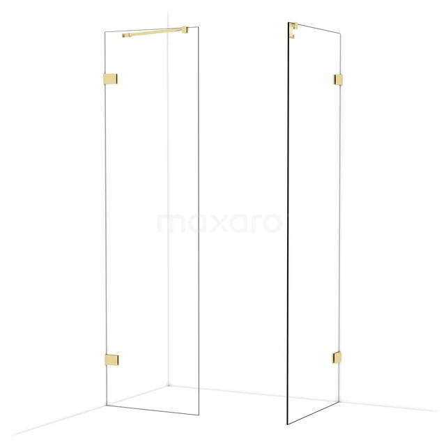 Glass shower wall with gold-coloured hinges, minimalist design and ideal for a modern bathroom.
