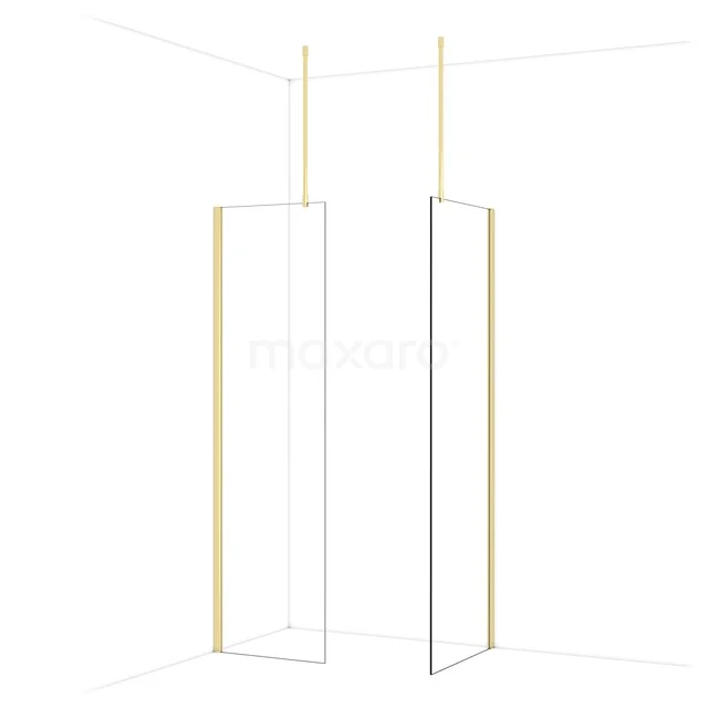 Minimalistische, goud-met-witte douchewand van aluminium; perfect voor een stijlvolle en moderne badkamerinrichting.