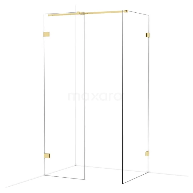 Glazen hoekdouche met gouden scharnieren, modern design, ideaal voor een stijlvolle badkamer.
