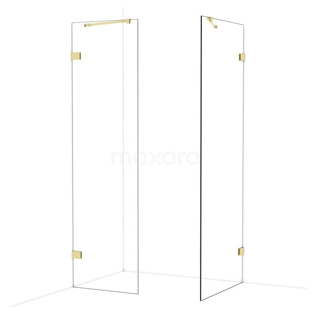 Shower wall with golden accents, clear glass, stylish and modern design, perfect as a luxury bathroom solution.