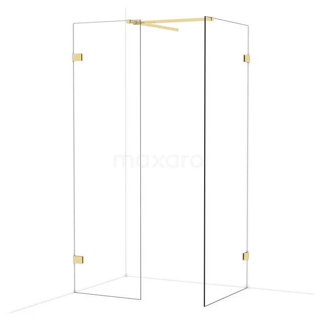 Glazen douchewand met goudkleurige scharnieren, hoekmodel ideaal voor moderne badkamers, luxe uitstraling.