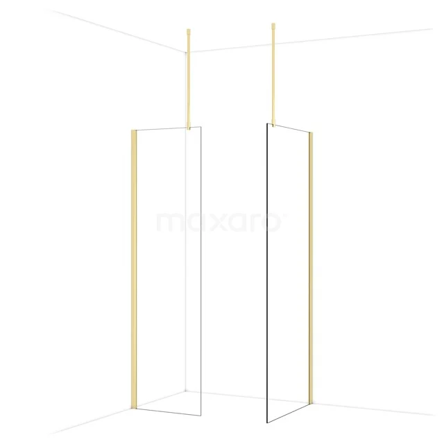 Minimalistische glazen douchewand met gouden accenten en strak design, ideaal als stijlvolle toevoeging aan de moderne badkamer.