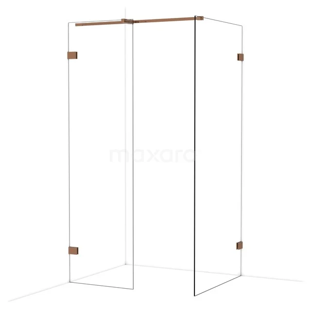 Glazen douchewand met hoekopstelling, strak design, messing accenten, perfecte aanvulling op een moderne badkamer.