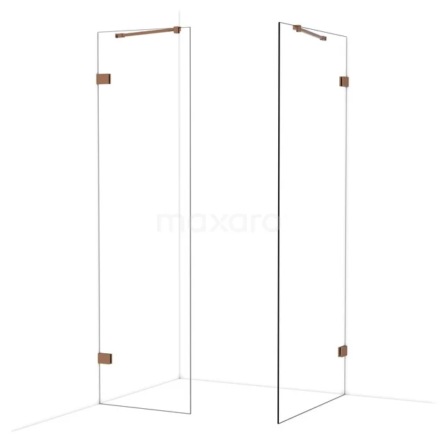 Glazen douchewand met transparant ontwerp, koperkleurige details en minimalistisch frame, ideaal voor moderne badkamers.