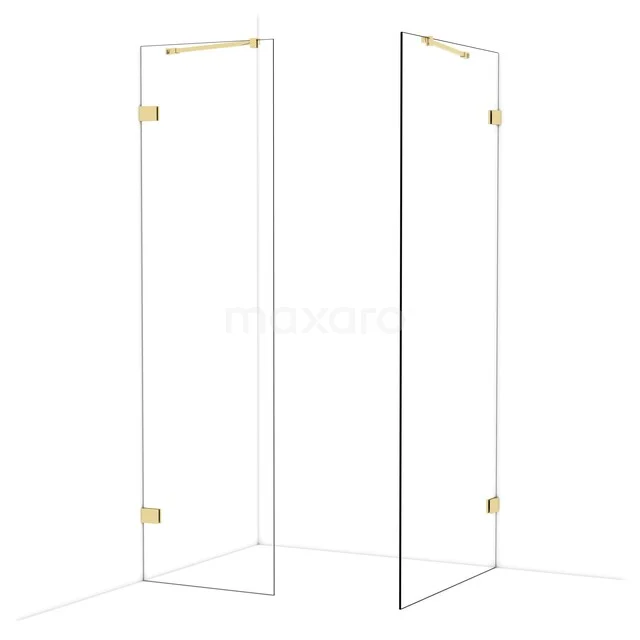 Douchewand met gouden scharnieren, helder glas en strak design, ideaal voor een moderne badkamer.