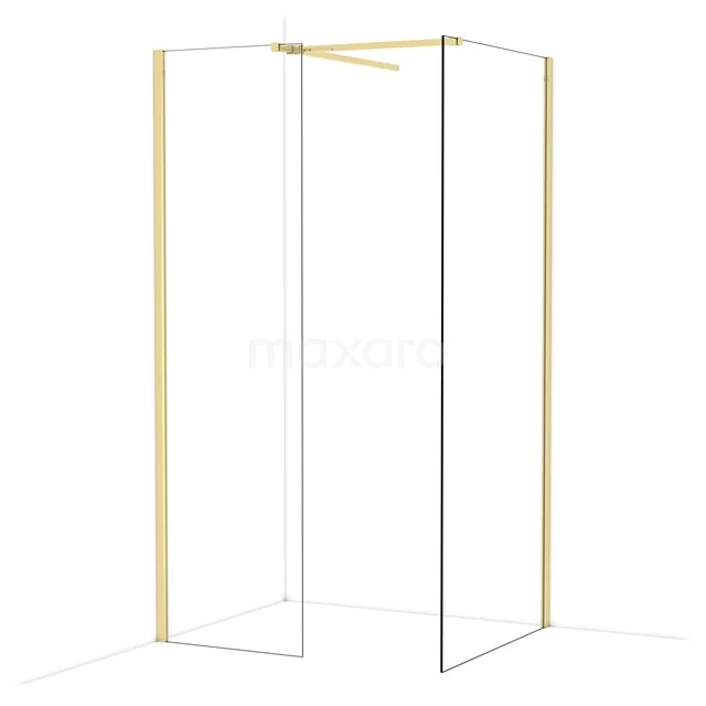 Gouden en glazen hoekdouchewand met strak minimalistisch design, perfect voor een moderne badkamer inrichting.
