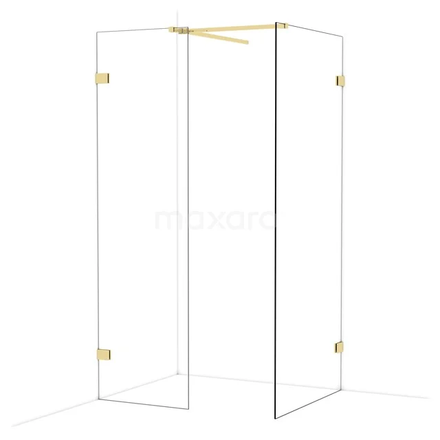 Glazen douchewand met gouden scharnieren, hoekopstelling, strak design voor luxe badkamers.