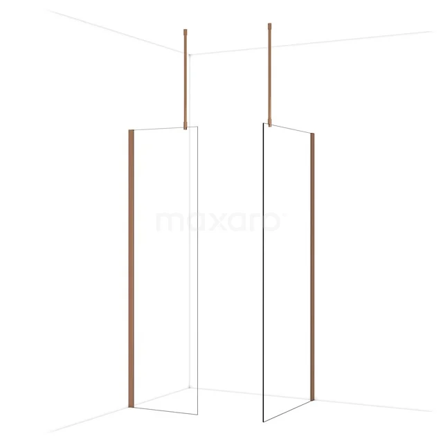 Duschwand mit kupferfarbenem Rahmen, Glas, minimalistischem Design und Eckinstallation. Perfekt für einen modernen Badezimmerstil.