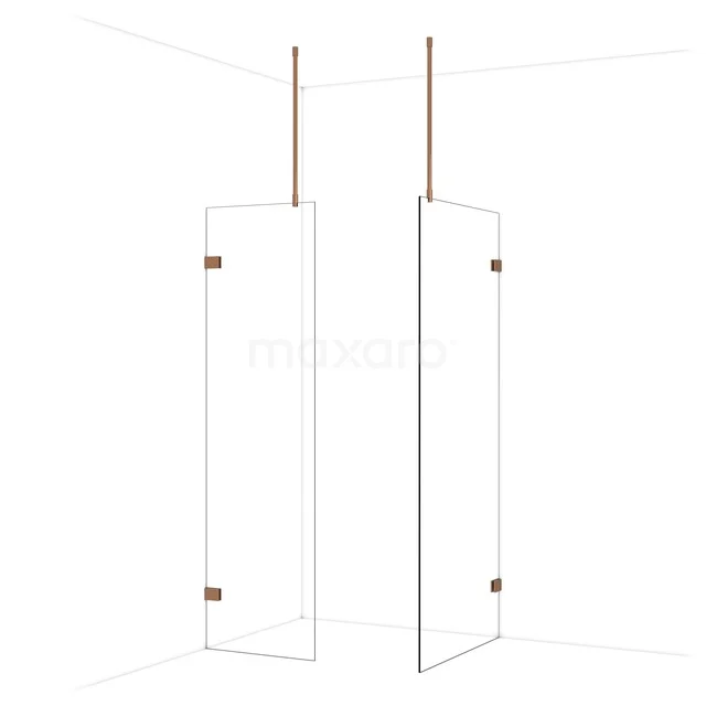 Transparante glazen douchewand met koperkleurige elementen, stijlvolle toevoeging voor moderne badkamers.