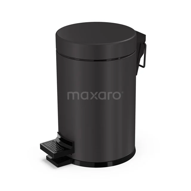 Black round pedal bin made of metal, ideal for bathroom use. Compact design with durable foot pedal.