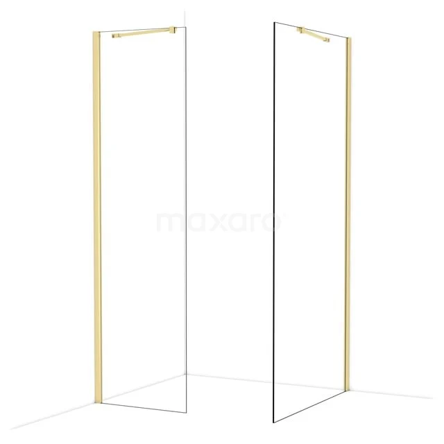 Duschwand Gold und Glas, minimalistisches Design, schwarze Akzente, perfekte Ergänzung für ein modernes Badezimmer.