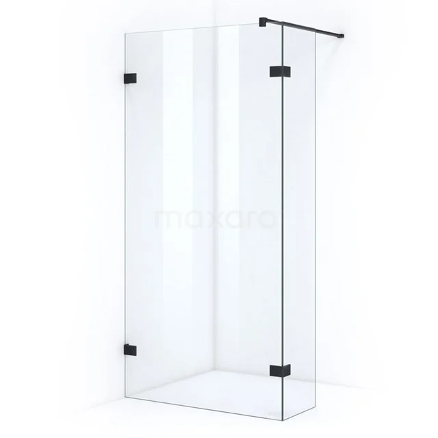 Glasene Duschwand mit schwarzen Akzenten, Eckdesign und minimalistischer Ausstrahlung für ein modernes Badezimmer.