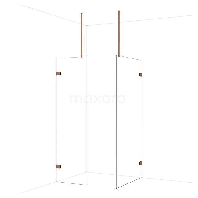 Matglas begehbare Dusche mit kupferfarbenen Details, schlankem Design und minimalistischem Stil für ein modernes Badezimmer.