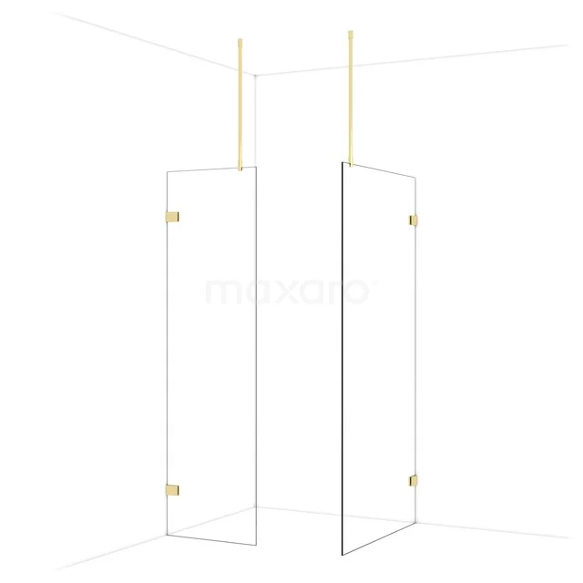 Glas Duschwand mit goldenen Scharnieren, minimalistisches Design, ideal für eine luxuriöse Badezimmergestaltung.