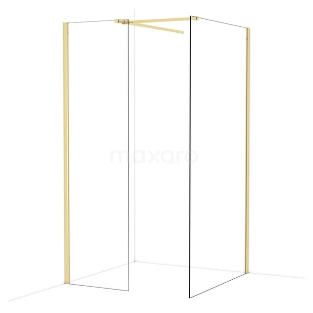 Douchewand met goudkleurig frame, hoekopstelling, helder glas; eigentijdse badkameroplossing voor een luxe uitstraling.