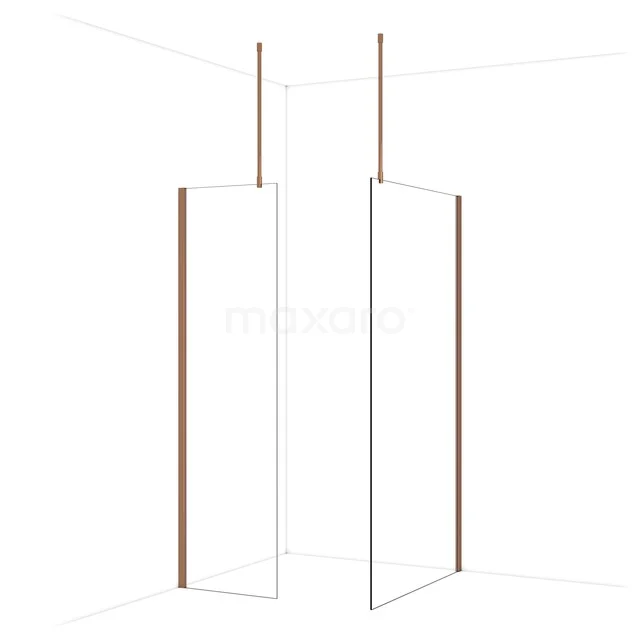 Minimalistische Duschwand mit kupferfarbenen Profilakzenten, geeignet für eine moderne Badezimmergestaltung.