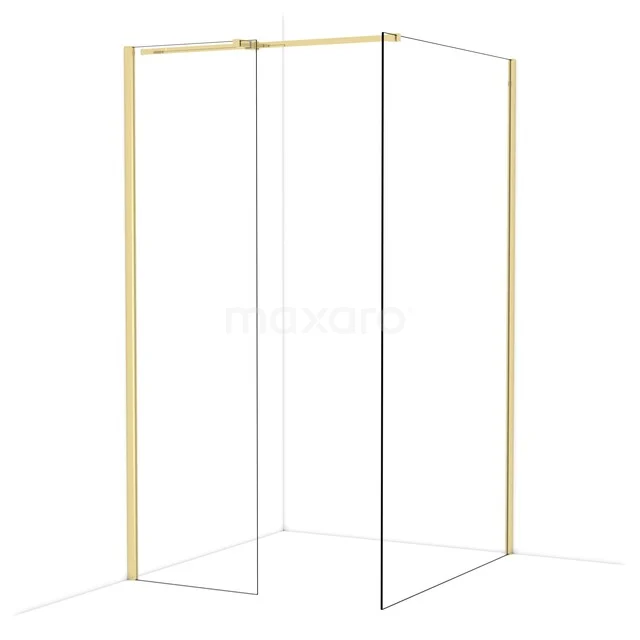 Shower wall set with gold-coloured frame, minimalist design and glass panels, perfect for a luxury bathroom style.