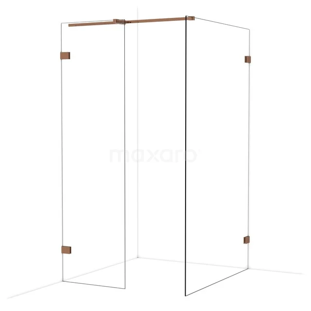 Duschwand mit Eckaufstellung, transparentem Glas und kupferfarbenen Scharnieren, elegantes Design für moderne Bäder.