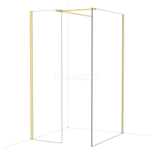 Minimalistisch gouden doucheframe met hoekopstelling, modern design en duurzame materialen, ideaal voor een stijlvolle badkamer.