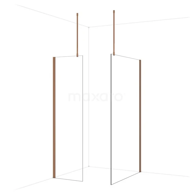 Minimalistisch douchewandprofiel in koperkleur, hoekopstelling van glas, ideaal voor moderne badkamerinterieurs.