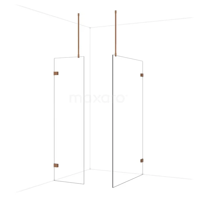 Glazen douchewand met hoekopstelling, transparant design en koperaccenten, ideaal voor een moderne badkamer inrichting.