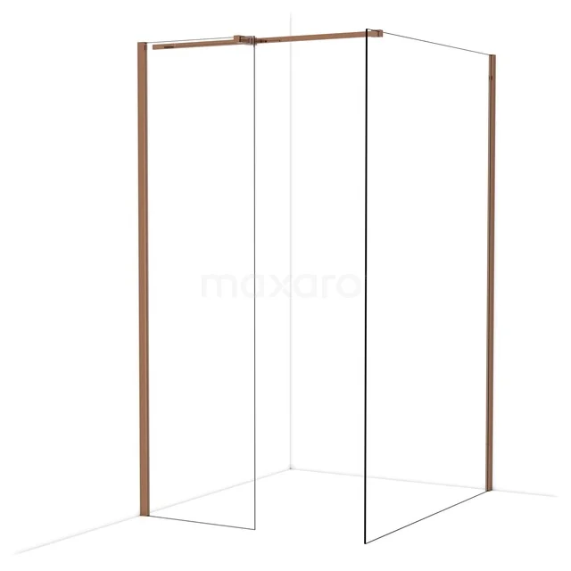 Duschwand mit Eckaufstellung, transparentem Glas und kupferfarbenen Profilen, modernes Design für luxuriöse Badezimmergestaltung.