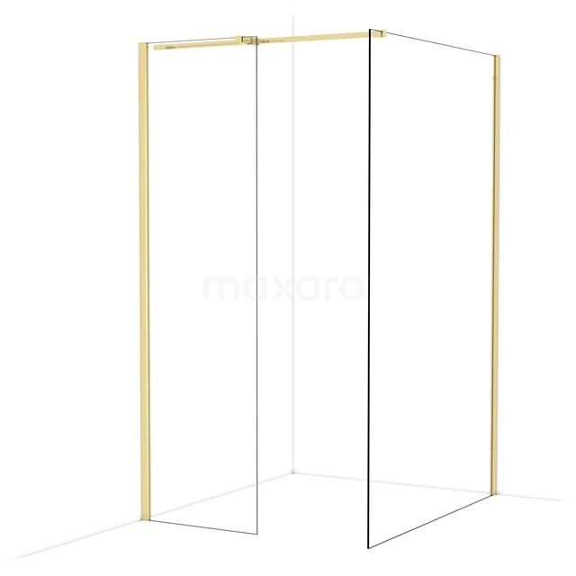 Minimalistisches Duschwandrahmen in mattem Gold und weißem Aluminium, perfekt für ein luxuriöses Badezimmer.