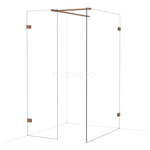 Glazen douchewand hoekopstelling met koperkleurige beslag, minimalistisch design en stevig veiligheidsglas voor moderne badkamers.