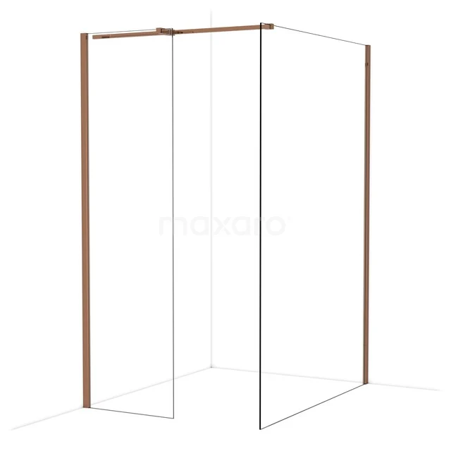 Glasene Duschwand mit kupferfarbenen Profilen, modernes Design, ideal für eine stilvolle Badezimmergestaltung.