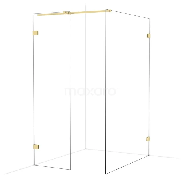 Gouden douchewand met minimalistisch design en glazen panelen; stijlvolle toevoeging aan een moderne badkamer.