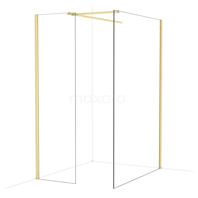 Gouden douchewand met hoekdesign, minimalistisch frame en helder glas, perfect voor een stijlvolle moderne badkamer inrichting.